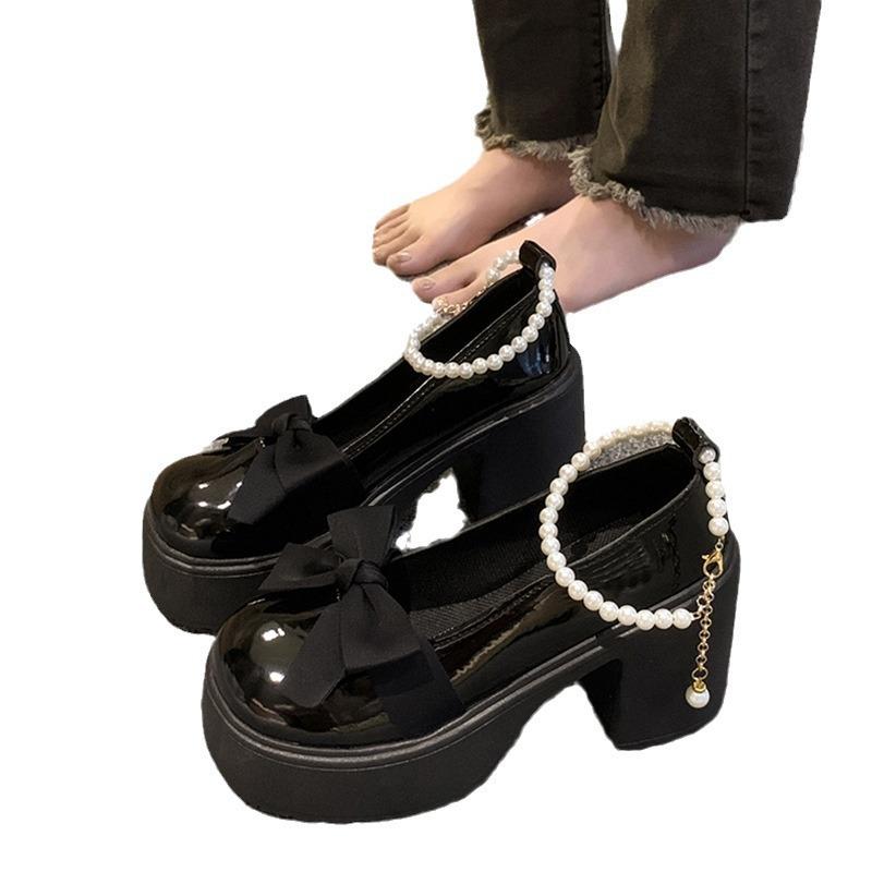 Japanische Mary Jane Schuhe mit Plateau Damen neu Sommer Perlen Schleife Französische hochhackige kleine Lederschuhe Einzelne Schuhe