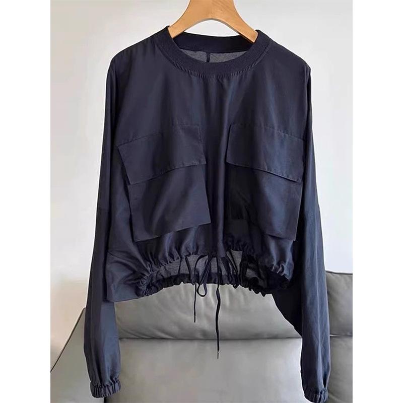 French Navy Blue Shirt Women's Spring and Autumn New Hem Drawstring Design Sense Niche Loose and Versatile Temperament Top 11