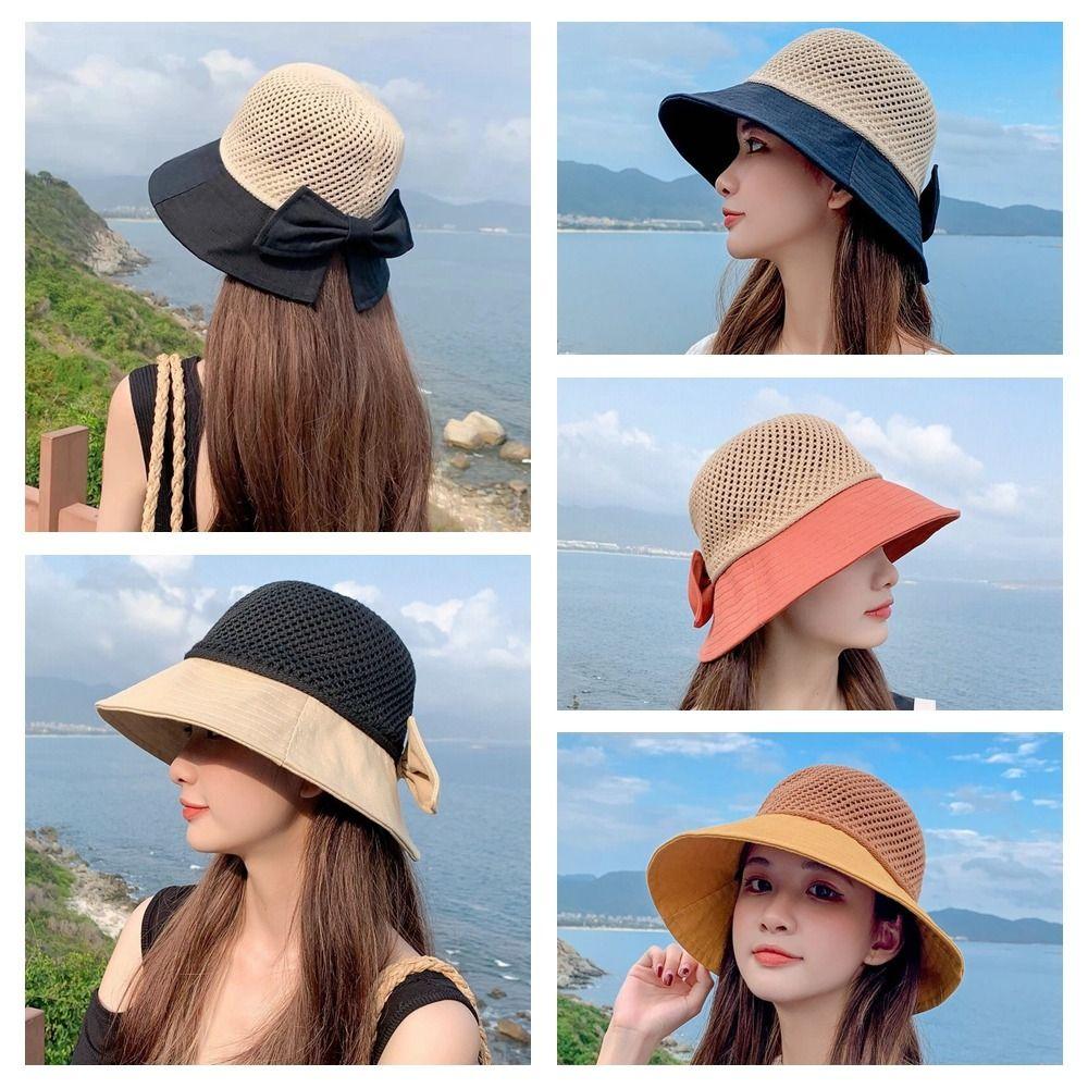 Hollow Bow Sun Hat Japanese Knitted Bucket Hat Fashion Bowtie Fisherman Hat Summer