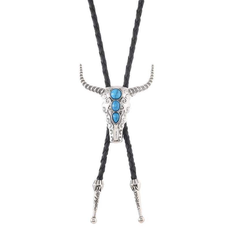 Bullhead Pendant Bolotie Antique Charm Necktie PU Cord Necklace For Men Casual Outfit And Western Styling Neckpiece