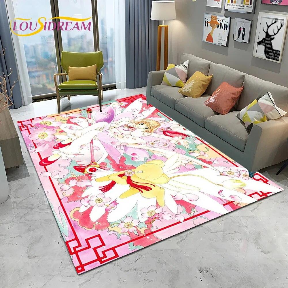 Carino Tappeto Tappetino 3D Captor Anime Cartone Animato Sakura per Casa Soggiorno Camera da Letto Divano Decorazione, Tappeto Area Bambini Antiscivolo Tappetino Pavimento