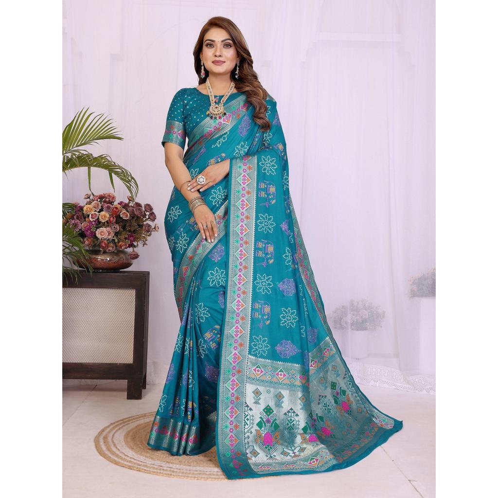 Handpicked Lite Weight Soft Dola Silk Bandhej Khadi Print Saree – a Perfect Fusion of Tradition & Vibrant Elegance