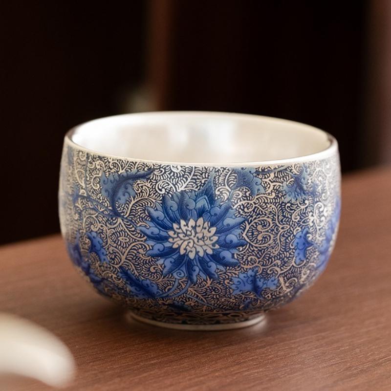 Silver Gilded Blue White Tea Cup Hand Painted Lotus Ceramic Gongfu Set Personal Master Cup Home Use Zen Decor Gift