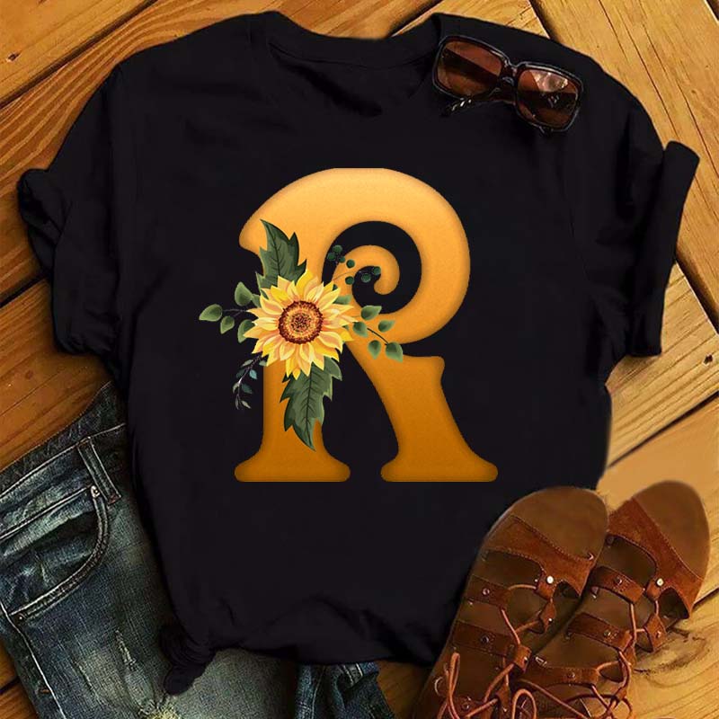 Maycaur Women's T Shirt Custom Name Letter Combination Print Tshirt Sunflower Letter Font A B C D E F G Short Sleeve Ladies Tops