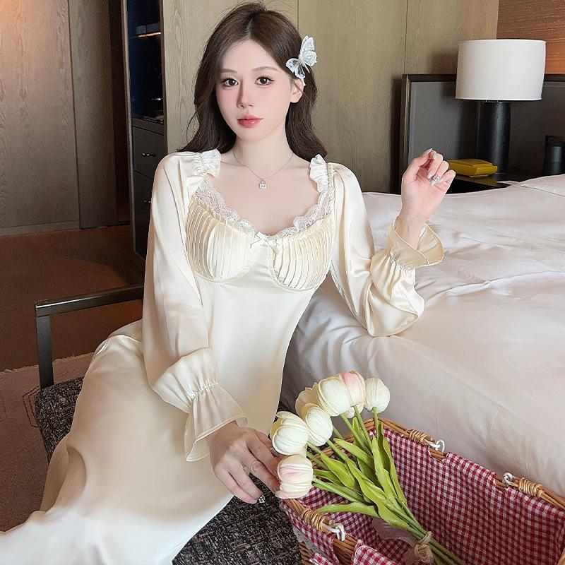Ice silk nightdress women's long-sleeved pajamas with chest pads Spring and Autumn new pure desire wind knee long dress simulation silk loungewear
