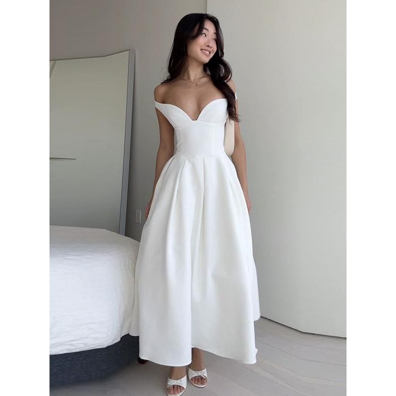 

Shemoda Модный Стиль Сексуальное Платье с Низким V-образным Вырезом и Открытой Спиной Женское Платье на Молнии с Завышенной Талией Силуэтное Пышное Длинное Платье White S