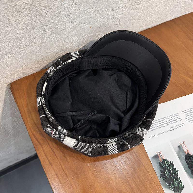 Retro Grid Wool Blended Cap Women Sunshade Cozy Wear Girl Travel Hat Supplies