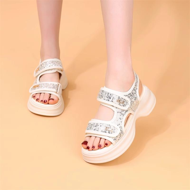 2025 Summer Sports Sandals Women's New Heightening Small Fragrant Wind Velcro Sweet Sequins Casual Platform Beach Shoes