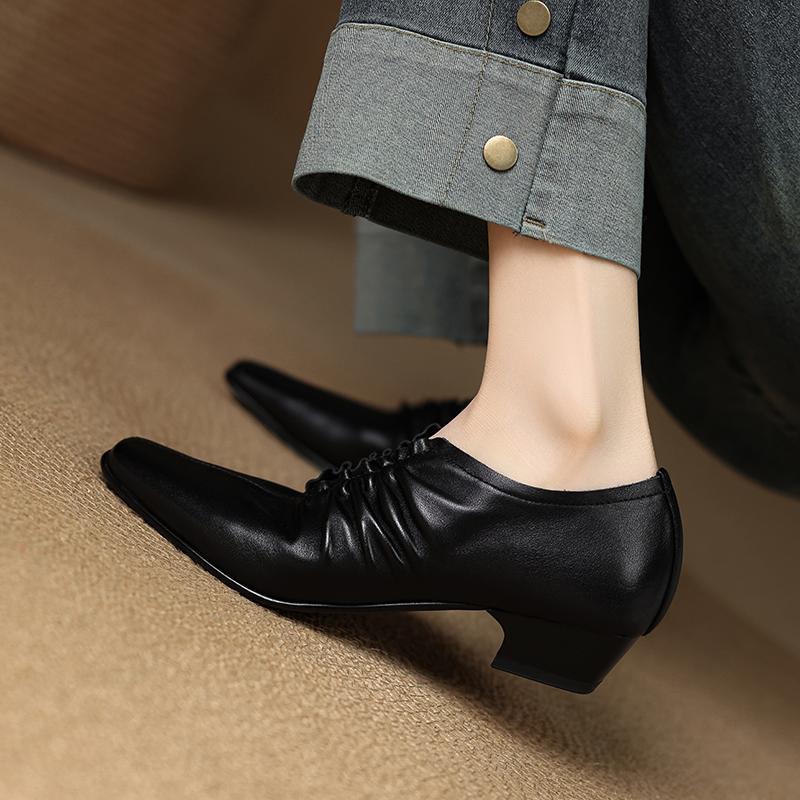 Fashion 2025 New Fashion Square Toe Thick Med Heels Women Pumps Spring Summer Office Lady Party Genuine Leather Shoes Woman Size 34-40