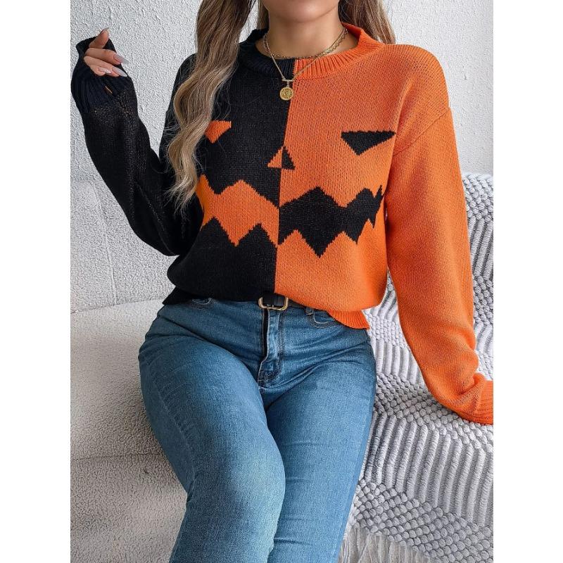 Autumn and Winter Women Halloween Pumpkin Contrast Color Knitted Long Sleeve Loose Sweater
