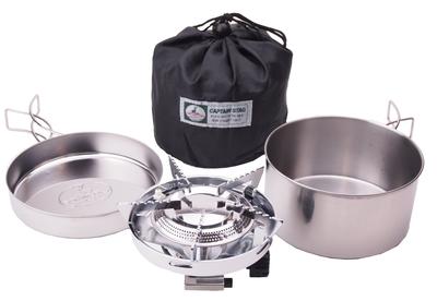 Captain Stag Camping Small Gas Burner Stove with Piezoelectric Ignition and Cookware Set with Bag, M-7903