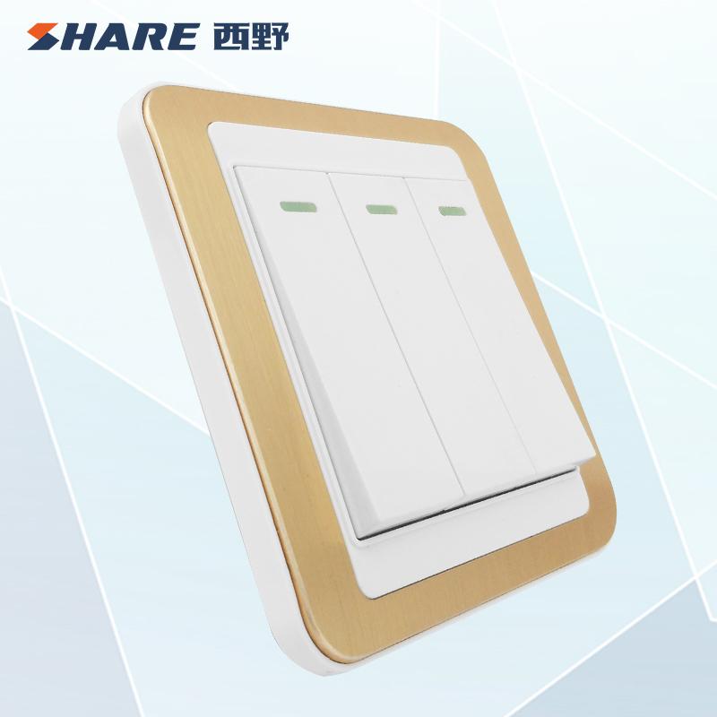 SHARE New Product China Plate White& Gold Color Push Button 3 Gang Outlet 1 Way Wall Switch 16A