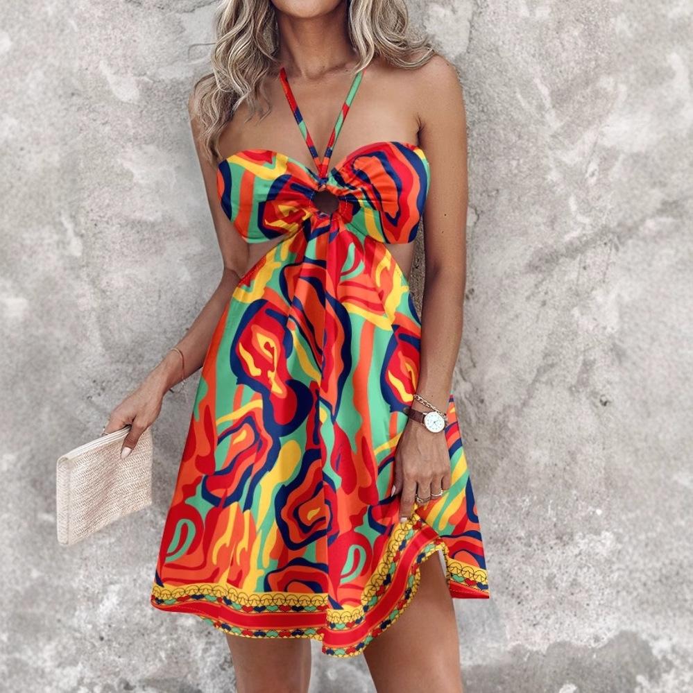 Floral Print Halter Tied Detail Elastic Shirred Back Mini Dress Casual Hollow Out A Line Vacation Dress