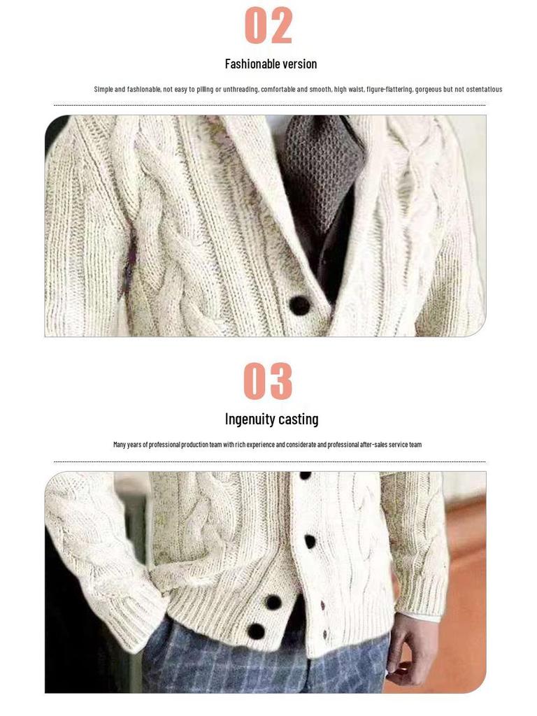 Pánský svetr s klopou a dlouhým rukávem, pletený copánkovým vzorem, jako kabátek - Podzimní/Zimní kolekce 2025