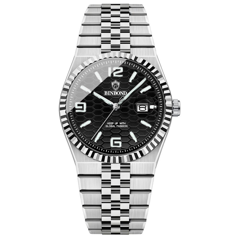 BINBOND Men's Quartz Watch Classic Style Waterproof Luminous Date Display Stainless Steel Wristwatch For Male