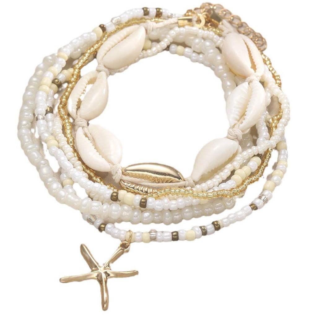 Bohemian Beach Multi-Layer Anklet with Rice Pearls and Starfish Shells