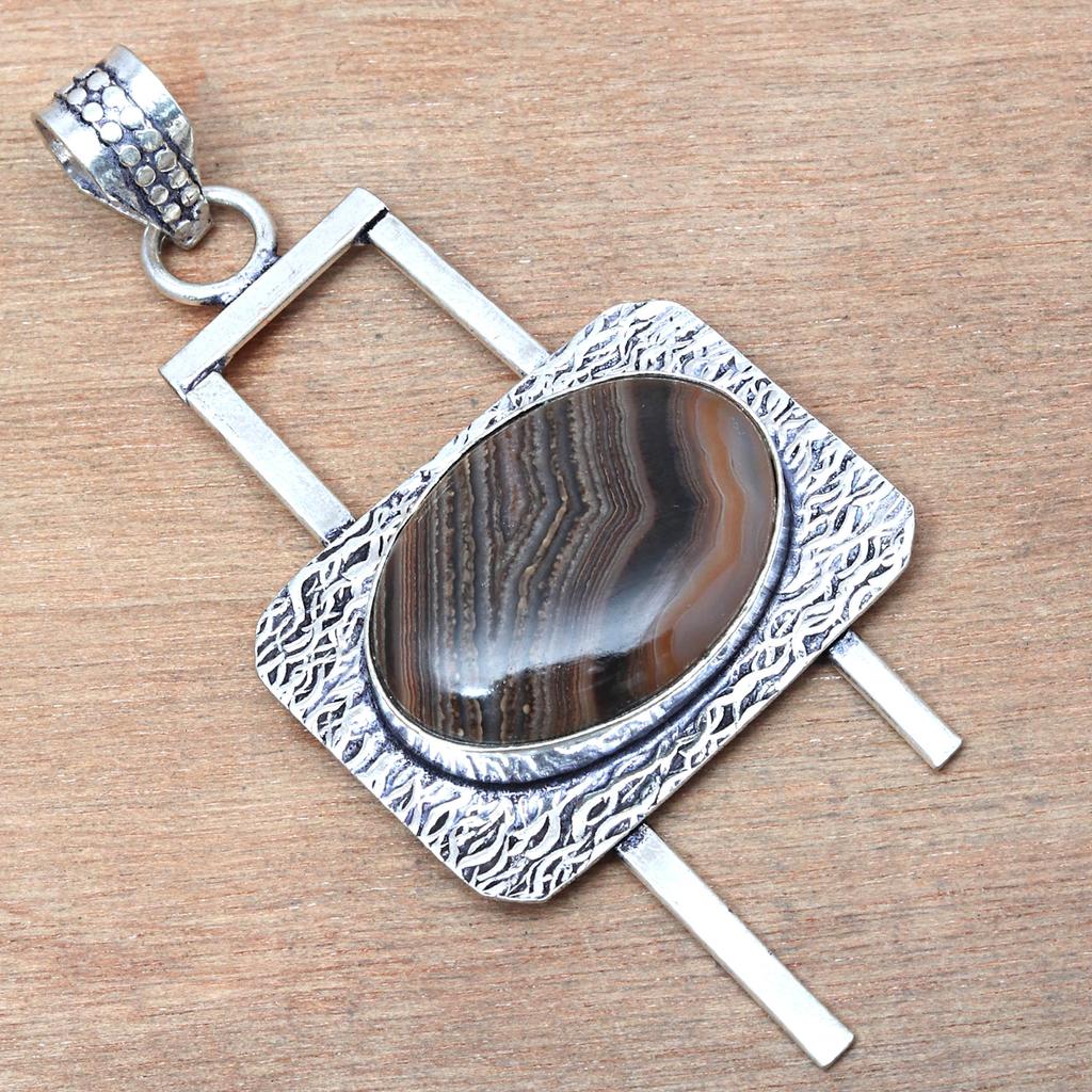 Pendant Banded Agate Gemstone Handmade Gift For Her Silver Jewelry 2.75"