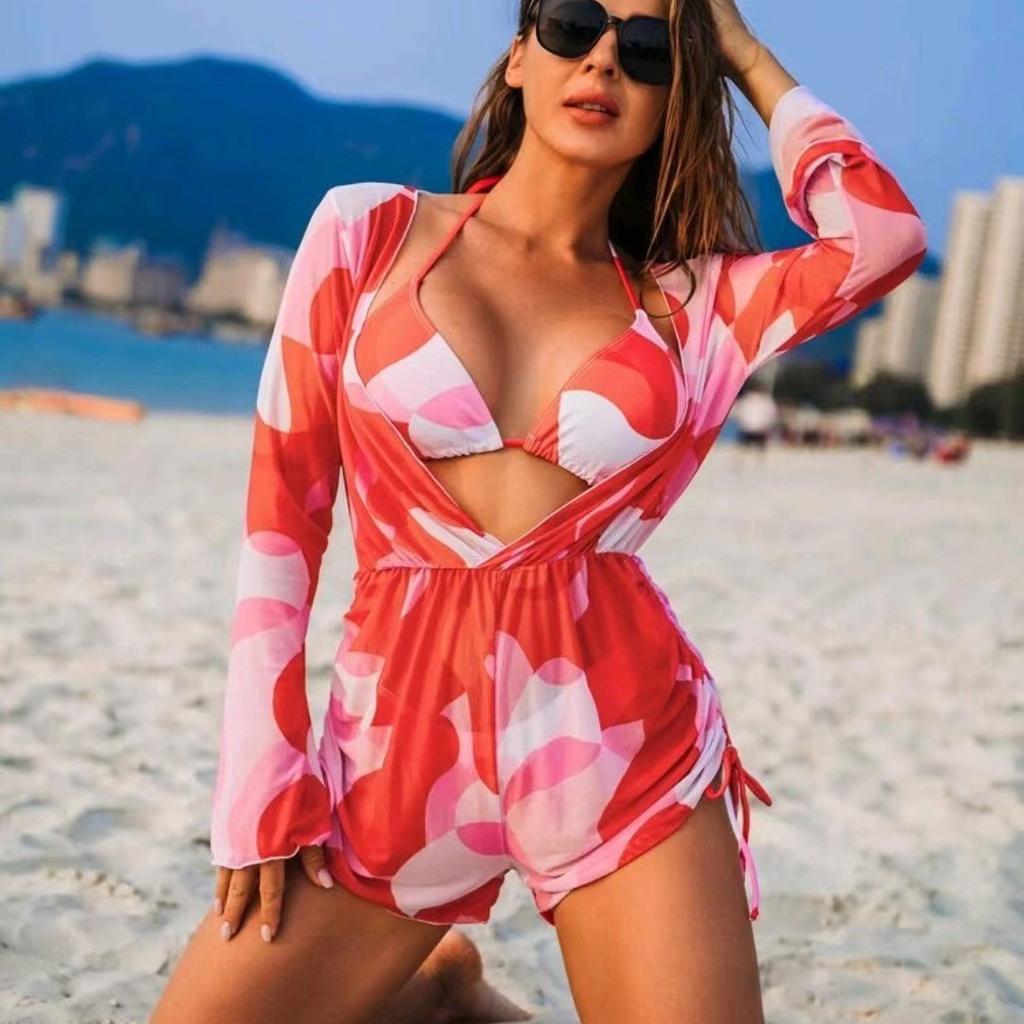 3 Piece Sexy Bikini Set Long Sleeve Sheer Mesh Cover Up Colorful Print Deep V Summer Beach Vacation Bathing Suit Swimwear