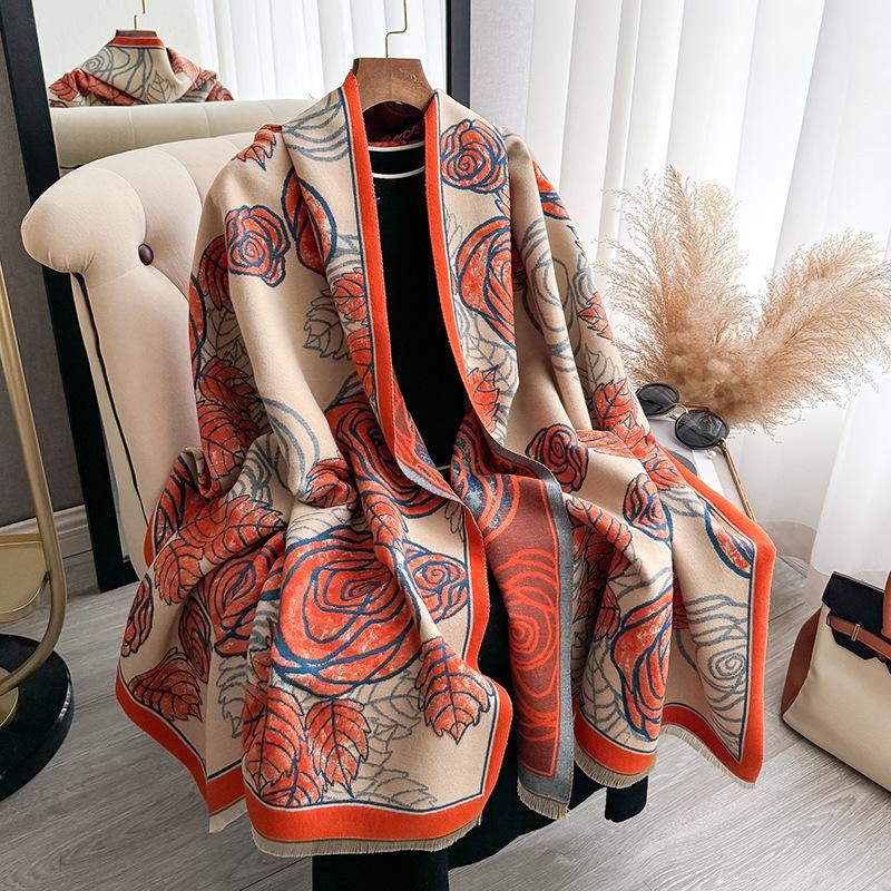 Rose Thickened Imitation Cashmere Scarf Women'S Warm Air Conditioner Shawl Outer Scarf Dual-Purpose