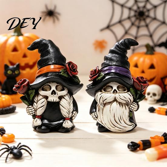 Wizard Hat Gnome Statue Halloween Skeleton Figurine, Gothic Witch Dwarf Statue, Figurine Holding Rose Sculpture for Party Decoration Hand Painted