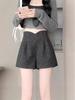 Women's Gray High-Waist Woolen Wide-Leg Pants: 2024 Autumn/Winter Slimming A-Line Shorts