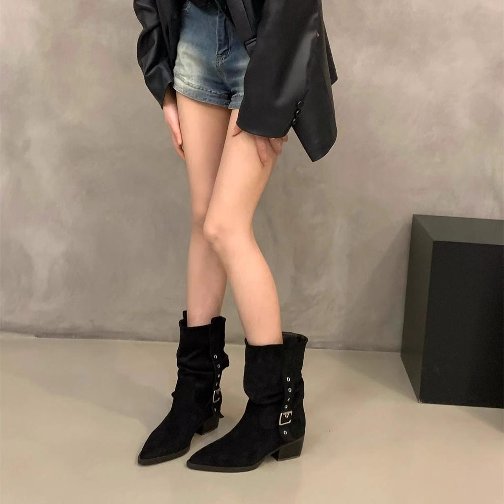 High Heel Pointed Skinny Suede Martin Boots Women's Boots 2025 Autumn and Winter Western Cowboy Medium Boots Pile Boots Short Boots