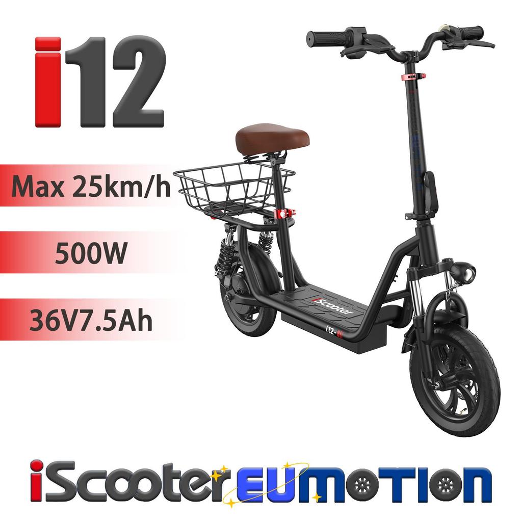 12" 500W 25km/h iScooter I12 E-Scooter with Seat & Basket, 36V 7.5Ah, Full Suspension, Dual Disc Brakes, Folding City E-Scooter