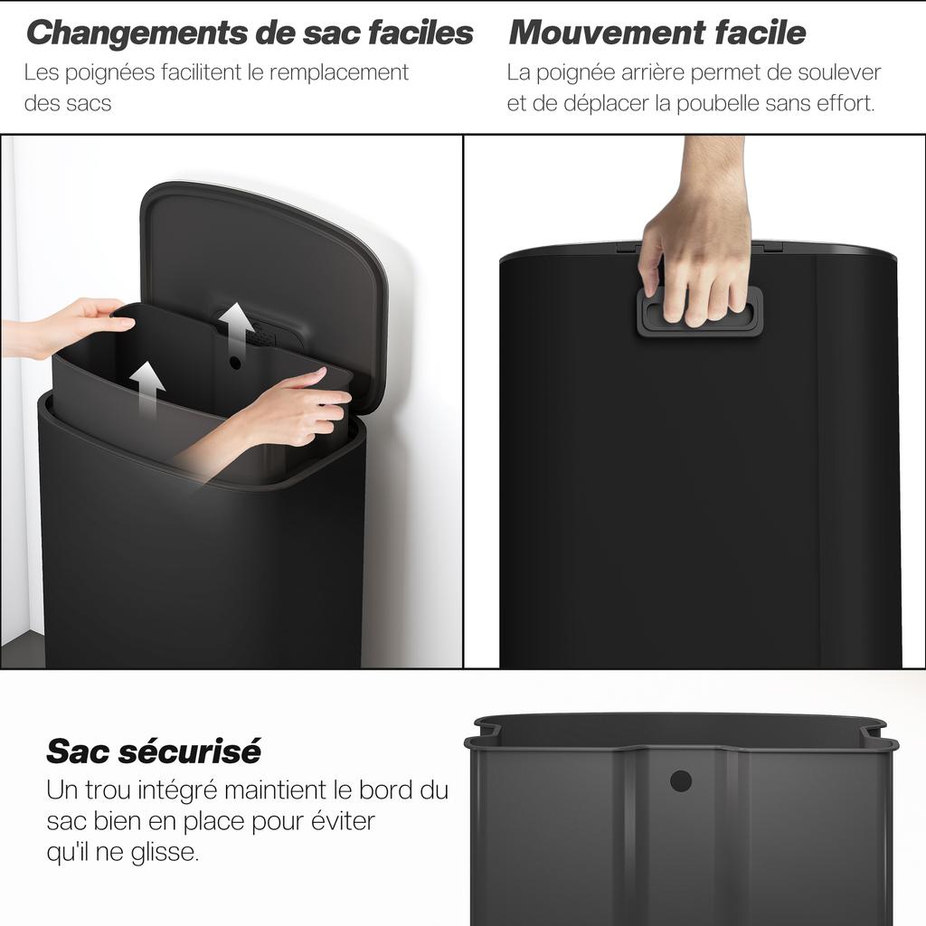 Kitchen Bin, 50 L, Pedal, Removable Inner Bucket, Soft-Close Lid, 45.1 x 36.5 x 62.6 cm, Black