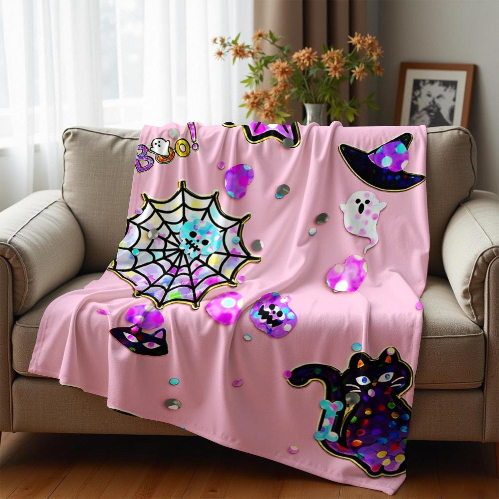 Glitter Pink Halloween Sticke Anime Cartoon Flannel Blanket Soft Warm Throw for Bedroom Sofa Car Kids Holiday Gift