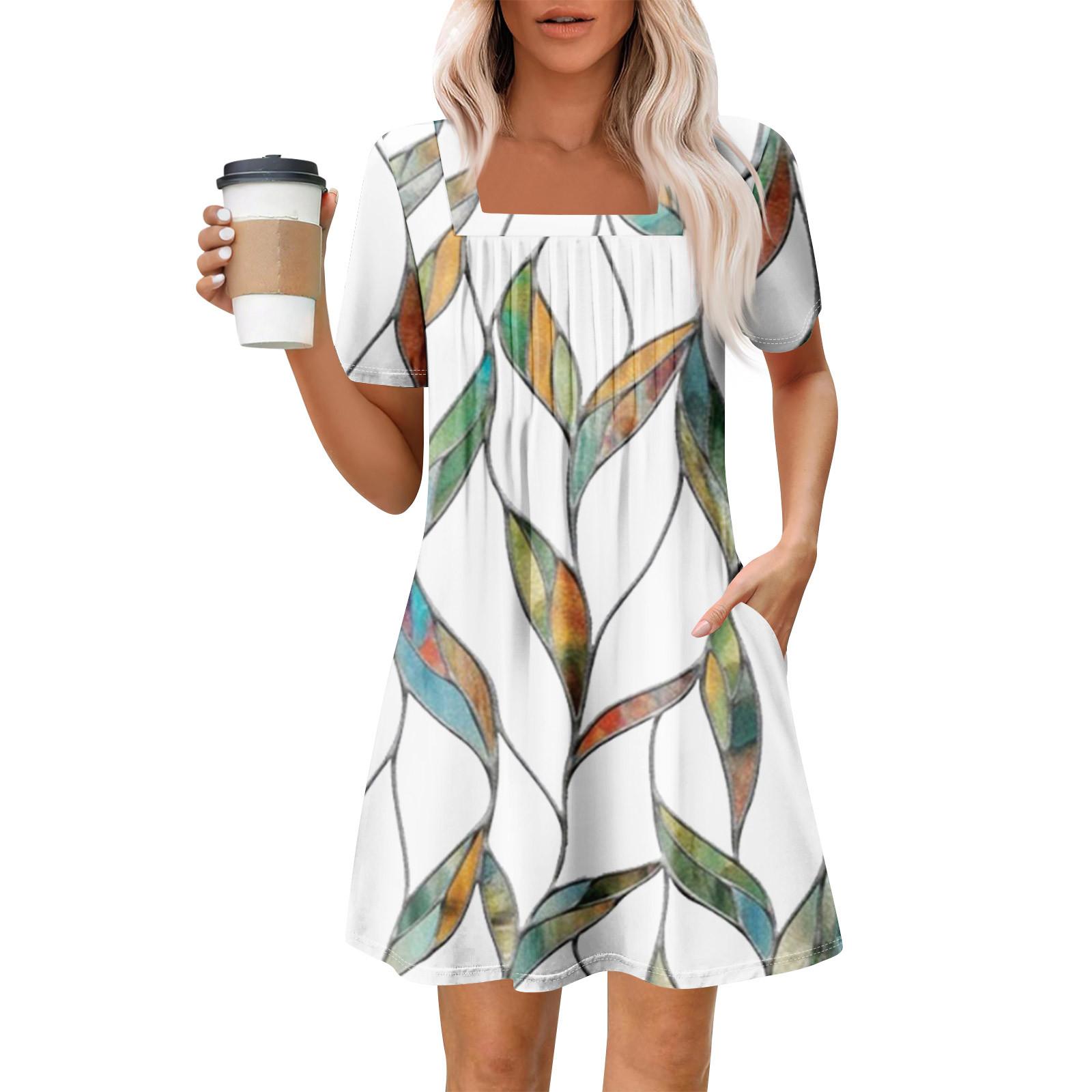 

Женские летние повседневные платья с квадратным вырезом, плиссировкой спереди и карманом, с короткими рукавами и принтом M