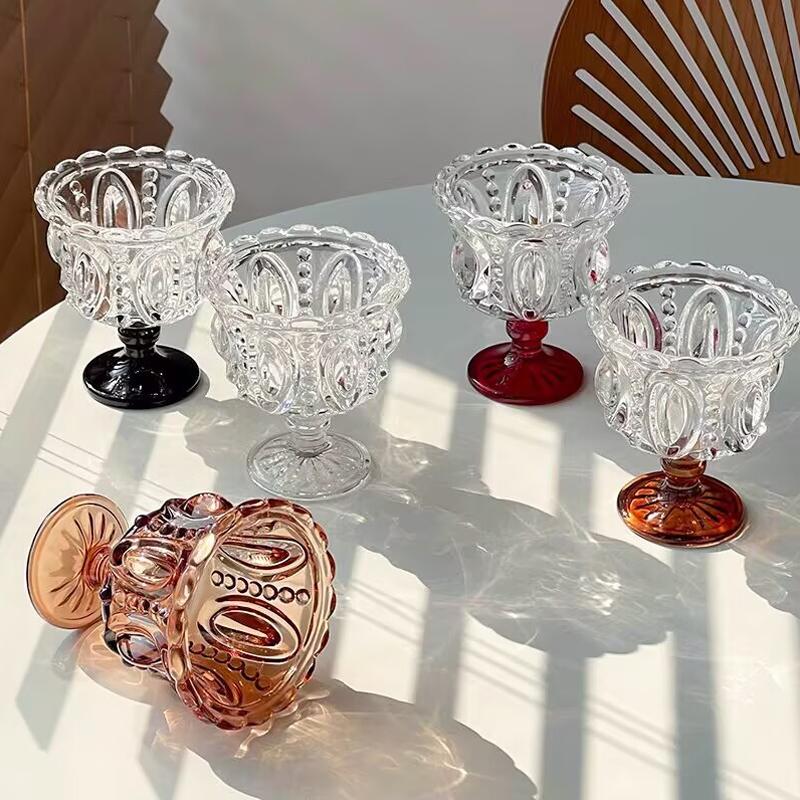 1PC Color Blocking Ice Cream Bowl Dessert Cup Palace Style Highball Glass Gift Tableware Vintage Embossed Design Elegant 200ml