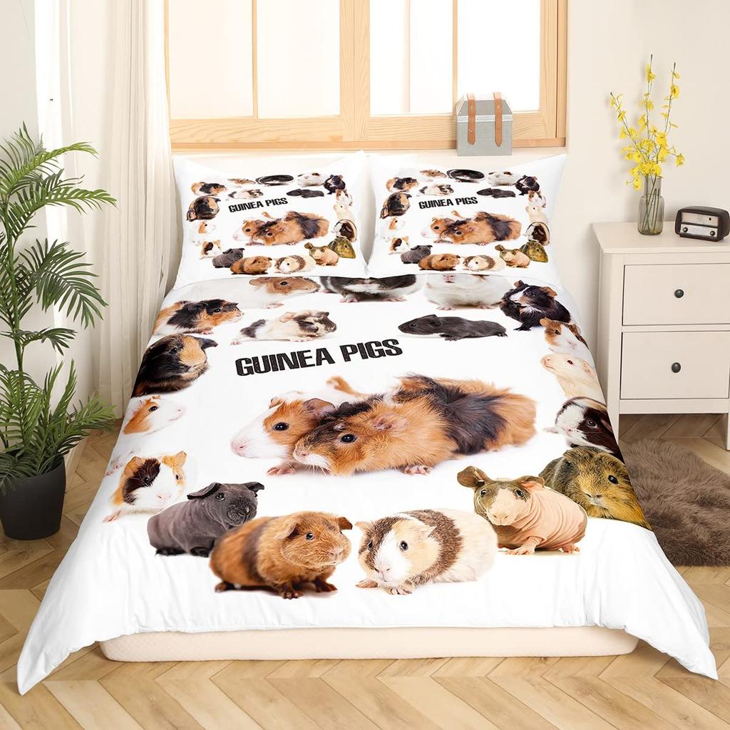 Guinea Pig King Queen Bedding Set Lovely Cartoon Mouse Duvet Cover Flower Plant Animal Comforter Cover Polyester Quilt Cover
