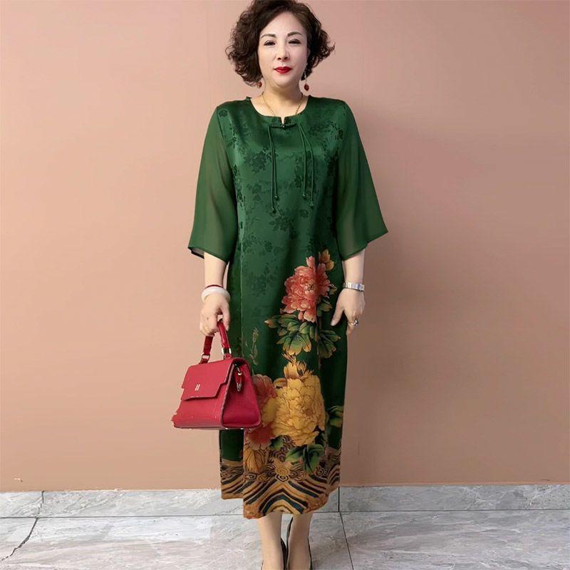 High-end Women's Silk Printed Casual Dress Loose Round-neck Plus-size Dress Summer Straight Long Floral Dress
