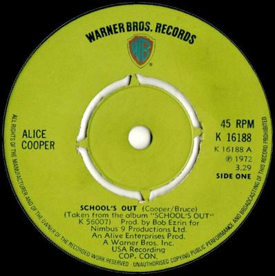 Δίσκος 7 ιντσών ALICE COOPER - School's Out K16188 Warner Bros. Re 1972 UK Rock Μεταχειρισμένο