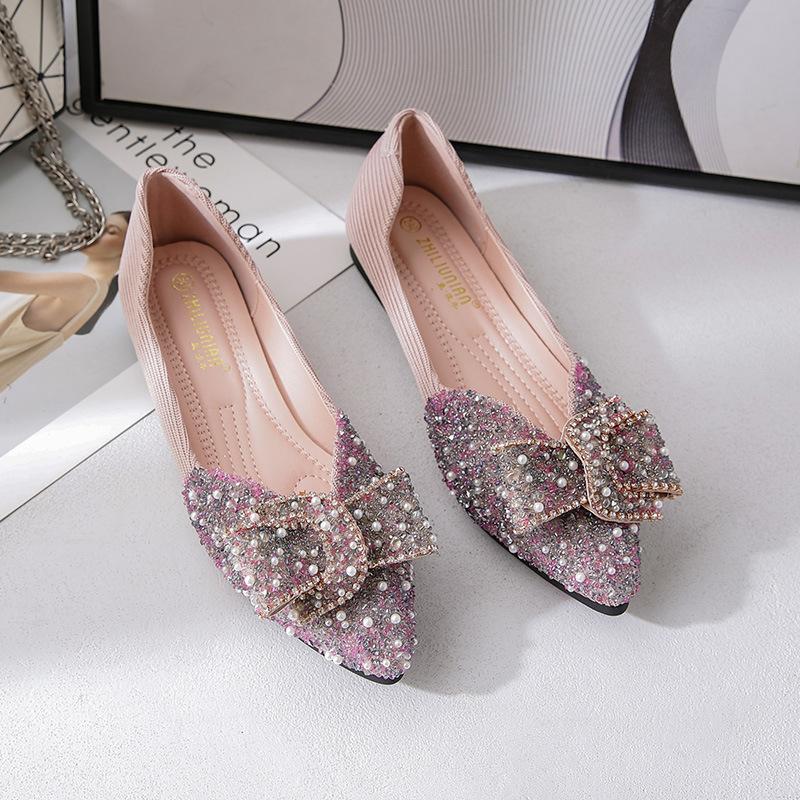 

Модная женская/девичья обувь с кристальным бантом, балетки с острым носком и блестками, элегантные женские жемчужные свадебные туфли, лоферы больших размеров 34-43 4.5 розовый