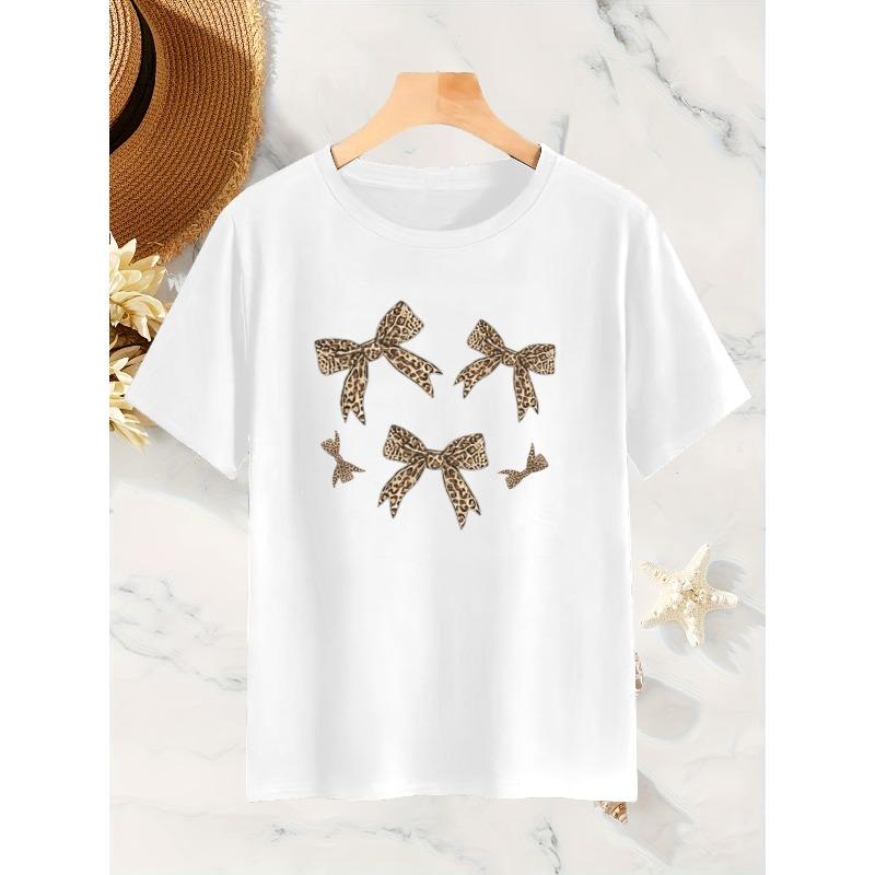 European Size Women's Bow T-Shirt, Leopard Print Bow Pattern Short-sleeved Shirt, Round Neck Design, Fashionable and Trendy Wear, Spring and Summer