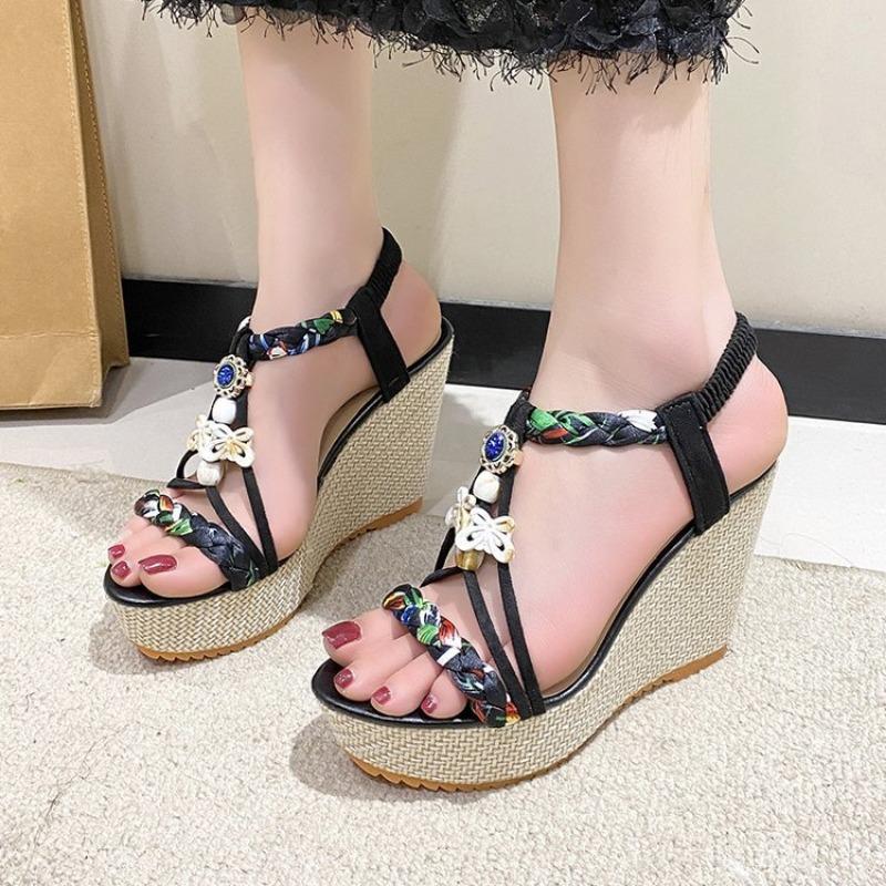 Summer New Waterproof Table Slope Heel Sandals Color Matching Ethnic Open-toed Beach Shoes Women's Fashion Breathable Sandals