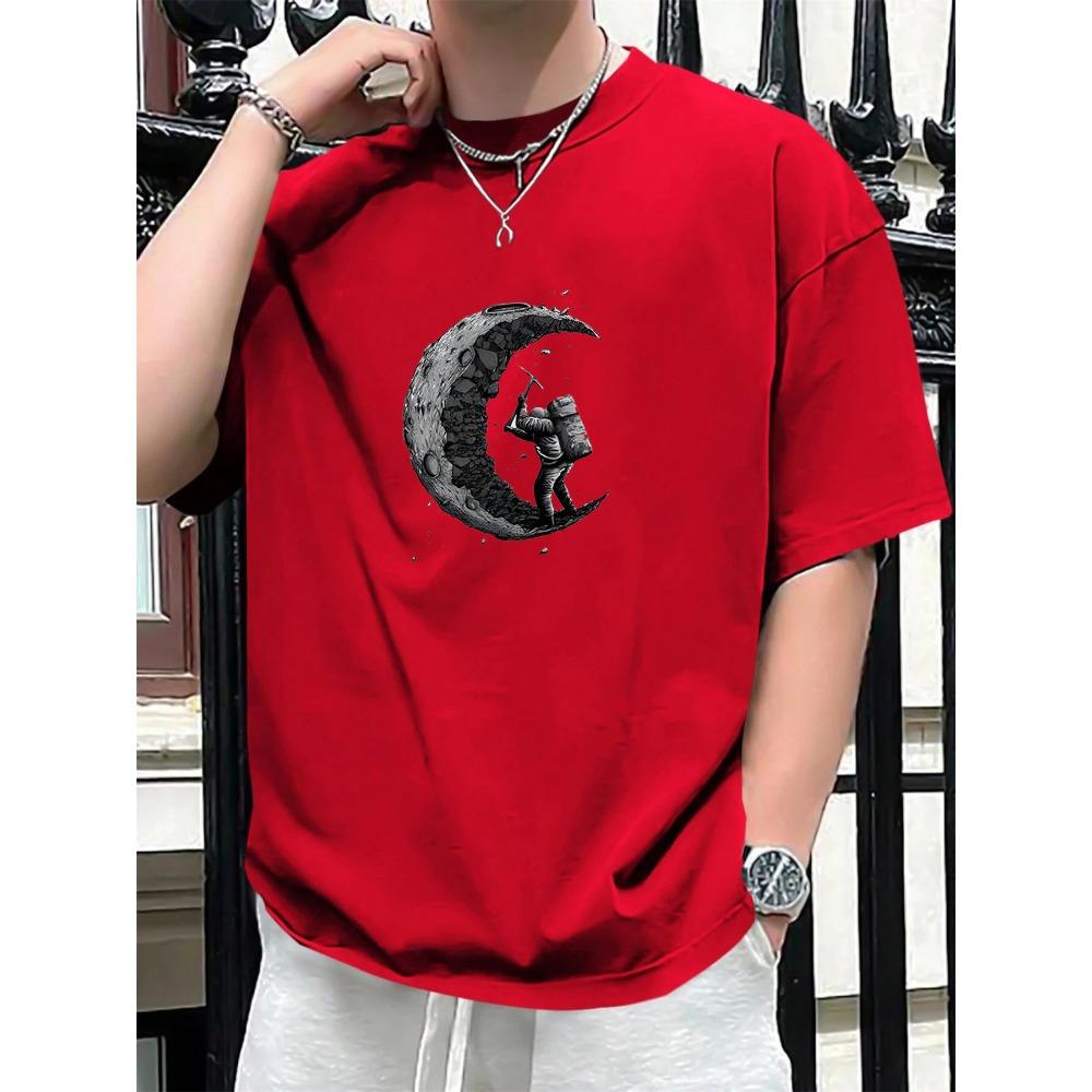 Summer Men's Cotton Astronaut Moon Graphic Print Fashionable Loose Sports Round Neck Short Sleeved T-shirt Top