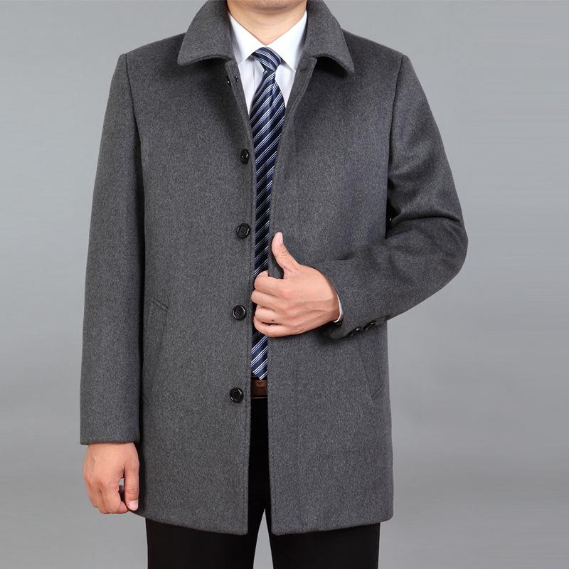 Men's Winter Collar Woolen Coat, Middle-aged Men's Solid Color Straight Hem Single Breasted Coat