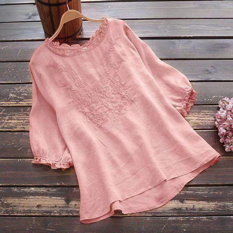 Summer Cotton Linen Tshirt Women Short Sleeve Embroidery Loose Fit Mom Top