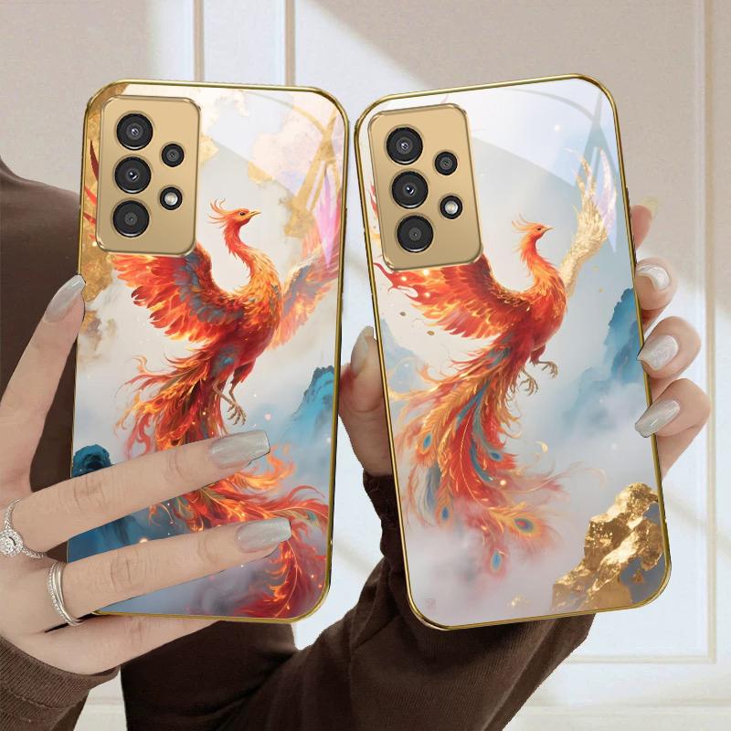 Reborn Golden Phoenix For Samsung A50 A51 A52 A53 A54 A55 56 14 15 13 16 26 31 32 33 34 35 70 71 72 73 Golden glass phone case