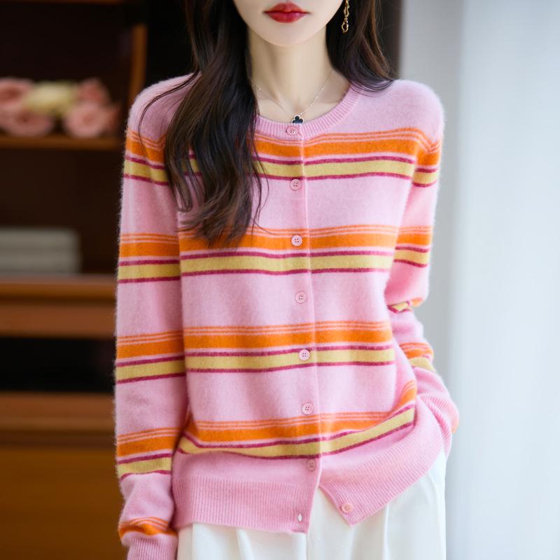 100% Wool Striped Cashmere Button-Up Sweater for Women - Korean Style, Autumn/Winter Collection
