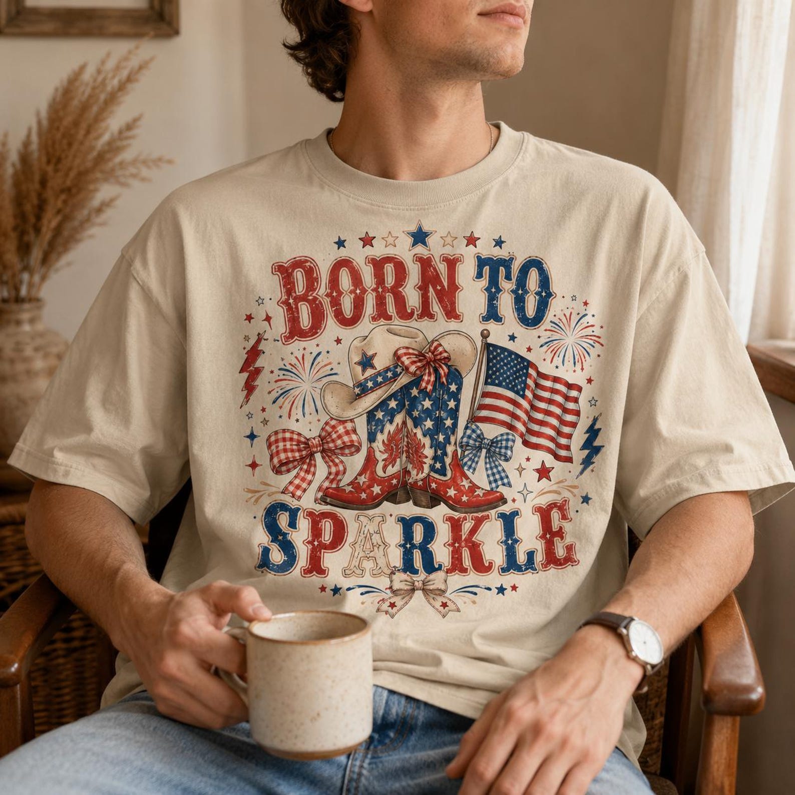 Born to Sparkle Shirt, Patriotic Western Comfort Colors Tee, 4th of July Cowgirl Boots, America 250 Coquette Bow Gift for Women Summer S