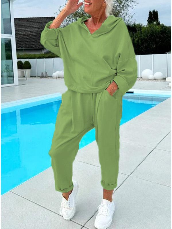 

Осенний женский однотонный худи с капюшоном и брюки S зелёный