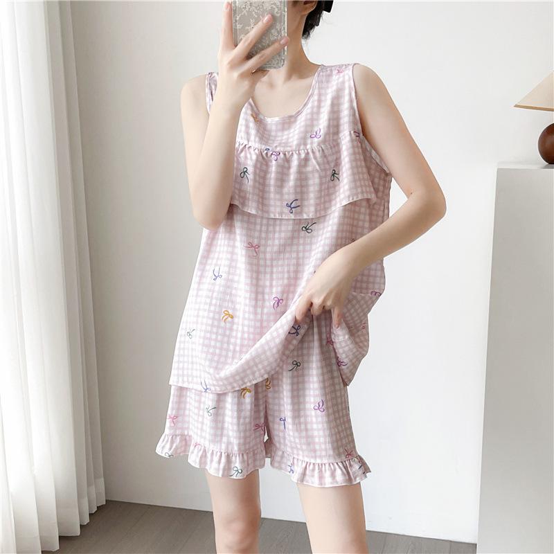 Women's Summer Ultra-Thin Cotton Satin Pajamas Set With Shorts And Sleeveless Vest, Cool Comfort Home Wear For Hot Weather