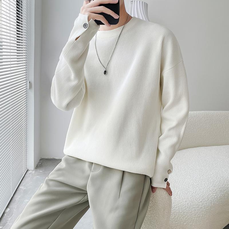 Autumn and Winter Ins Solid Color Crewneck Sweater, Men's Korean Version, Versatile, Loose White Pullover Sweater, Long-sleeved Base Layer