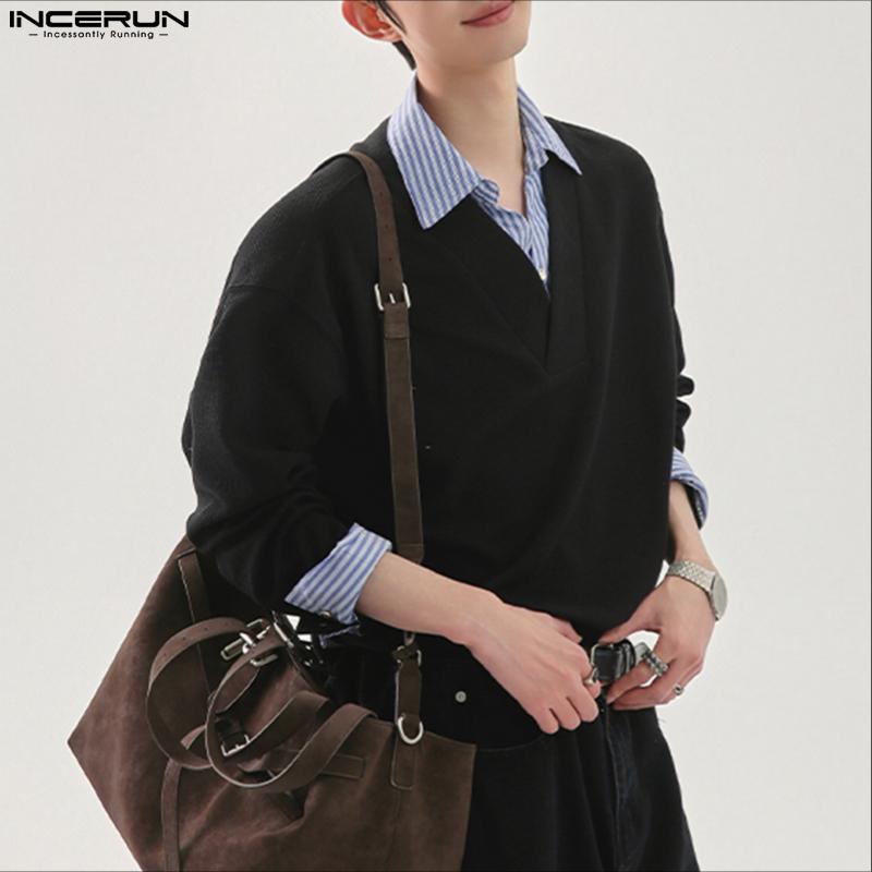 INCERUN Autumn Winter Men Patchwork Lapel Neck Long Sleeve Casual Texture Pullovers