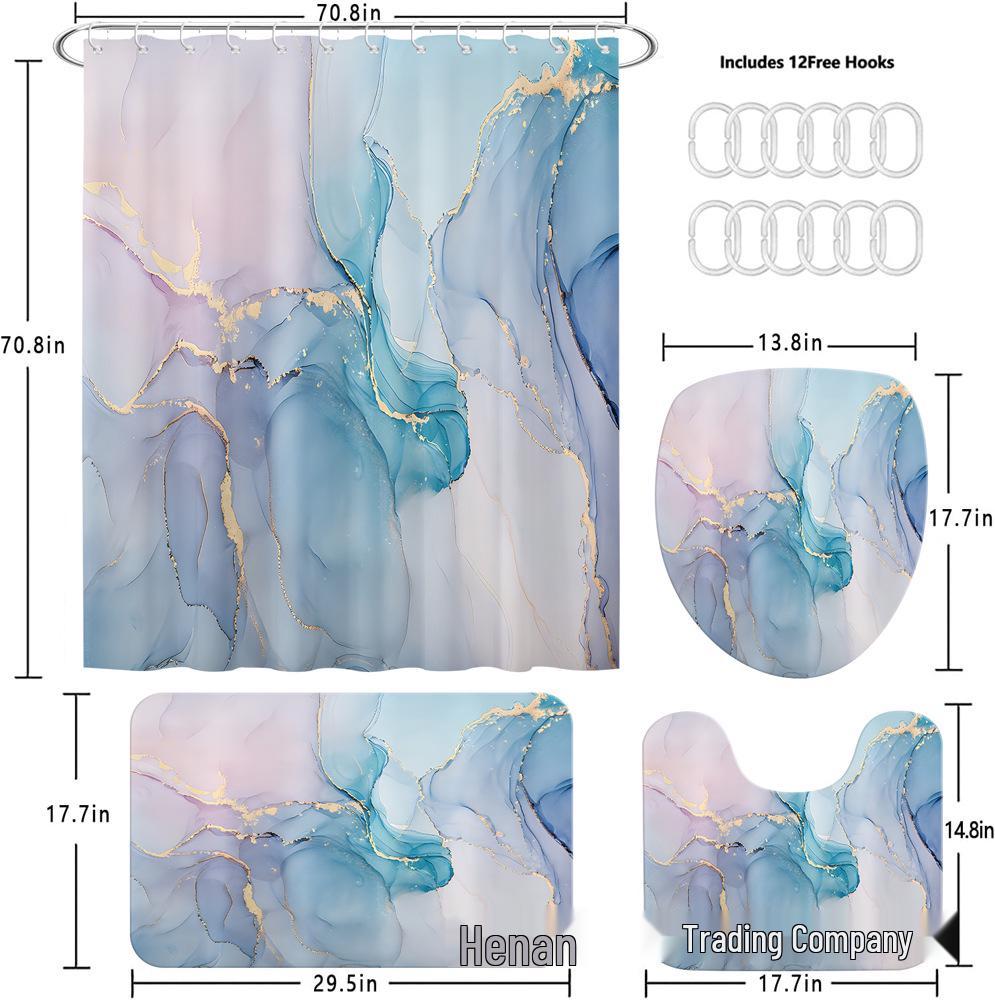 Dreamy Marble Gilded Pattern Shower Curtain with Hooks for Home Bathroom Decor