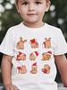 Xmas Santa Hat Capybara Graphic T Shirt Boys Girls Family Matching Soft Cotton Short Sleeve Festive Children Basic Wear Tops