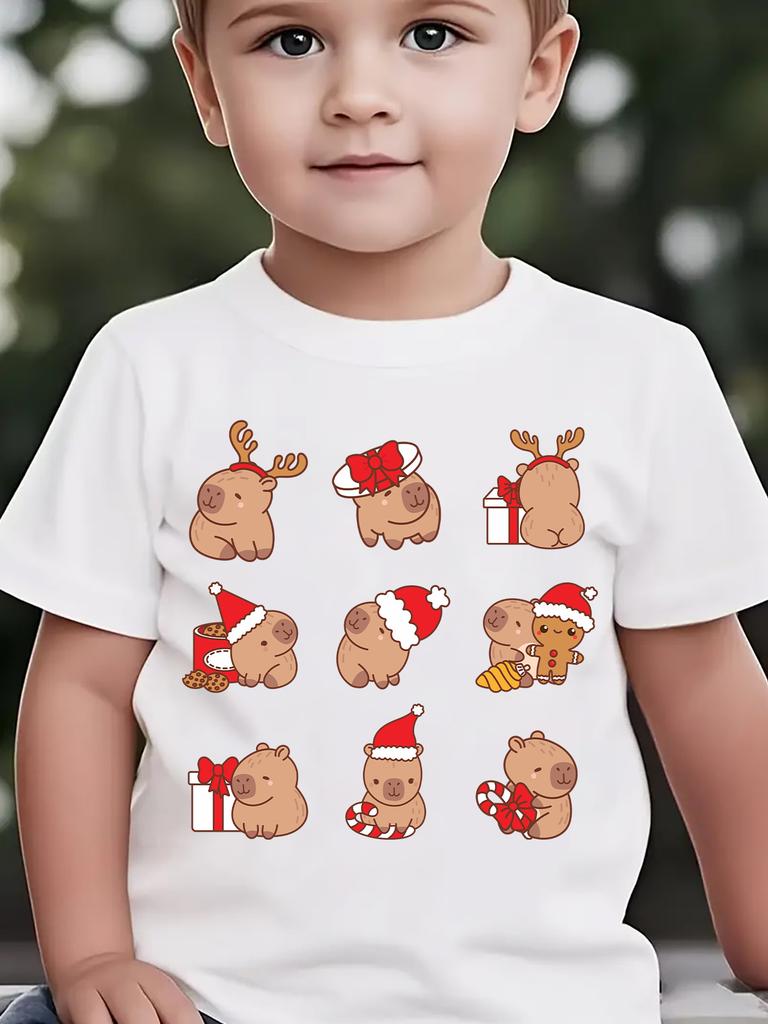 Xmas Santa Hat Capybara Graphic T Shirt Boys Girls Family Matching Soft Cotton Short Sleeve Festive Children Basic Wear Tops